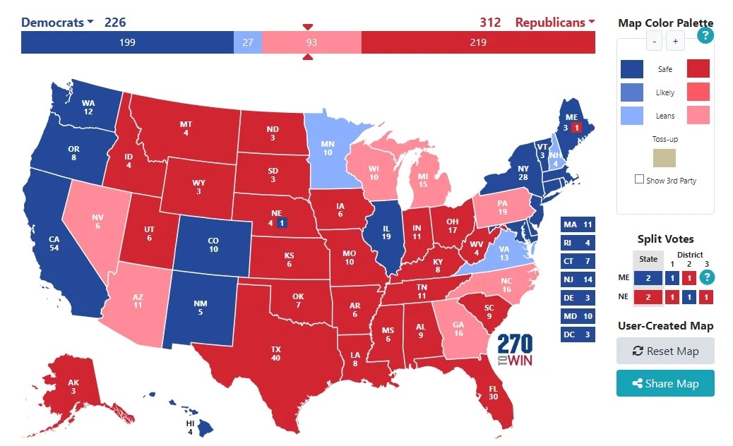 2024 consensus scenario: Trump wins 312 electoral votes